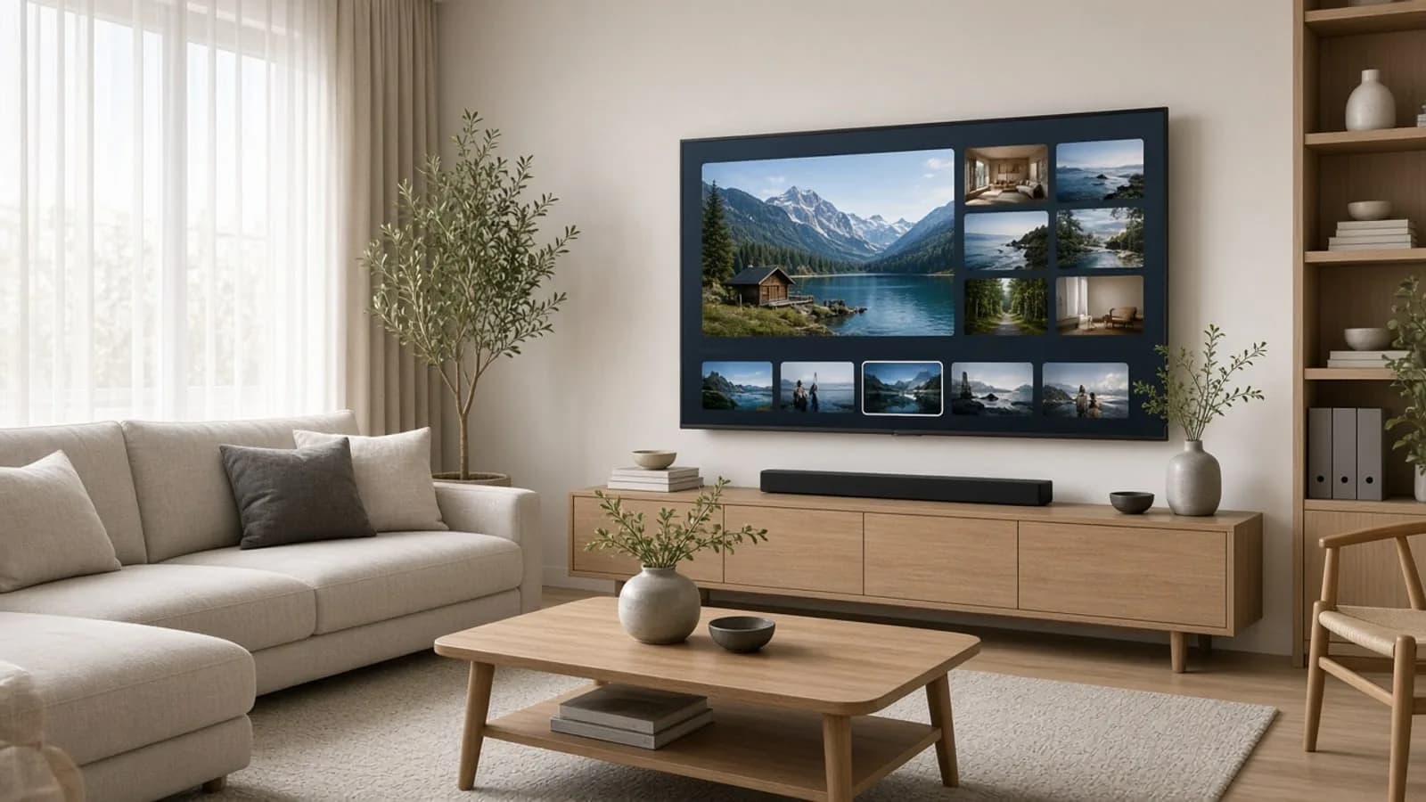 Heller Wohnzimmer-TV mit Senderübersicht